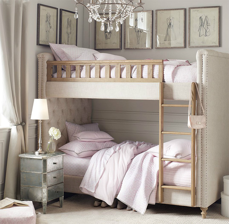 Bunk bed with tuffed upholstered headboard for princess little girl room